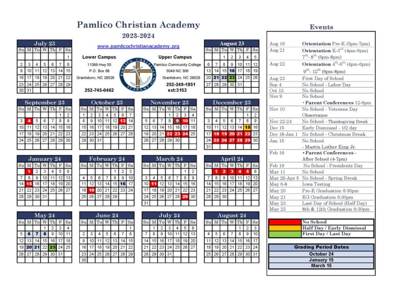 Calendar Pamlico Christian Academy